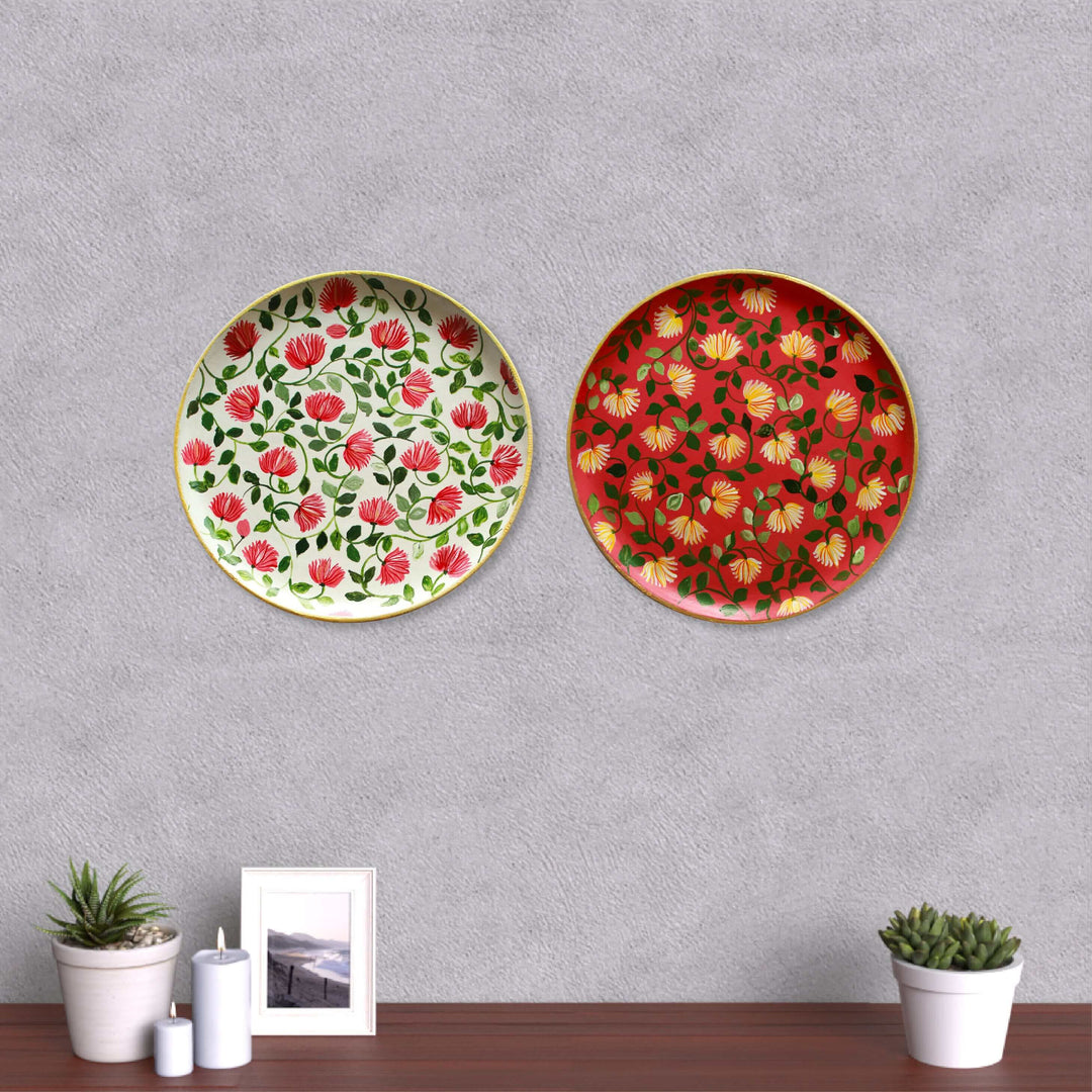 Handpainted Wooden Wall Plate With Floral Artwork - Set Of 2