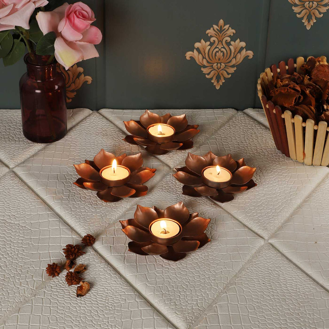 Handmade Copper Flower Iron Tealight Holder | Set of 4
