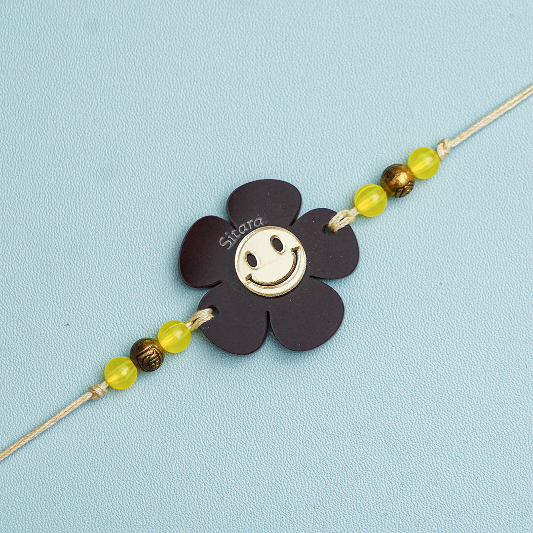 Personalized Handmade Flower Smiley Acrylic Kids Rakhi With Roli Chawal - Close-up Front View (5)
