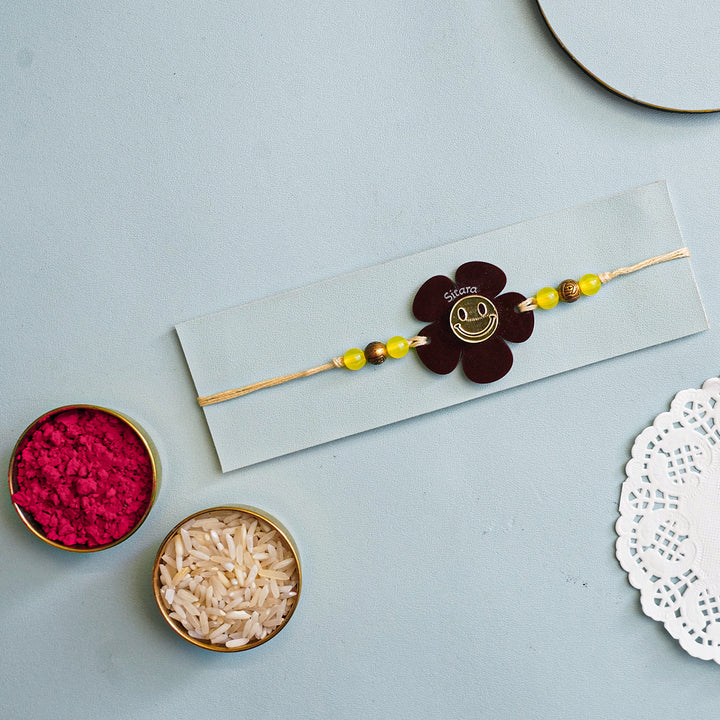 Personalized Handmade Flower Smiley Acrylic Kids Rakhi With Roli Chawal - Packaged with Raksha Items (6)
