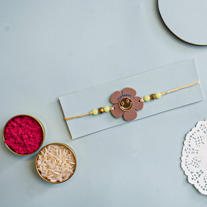 Personalized Handmade Flower Smiley Acrylic Kids Rakhi With Roli Chawal - Packaged with Raksha Items (4)