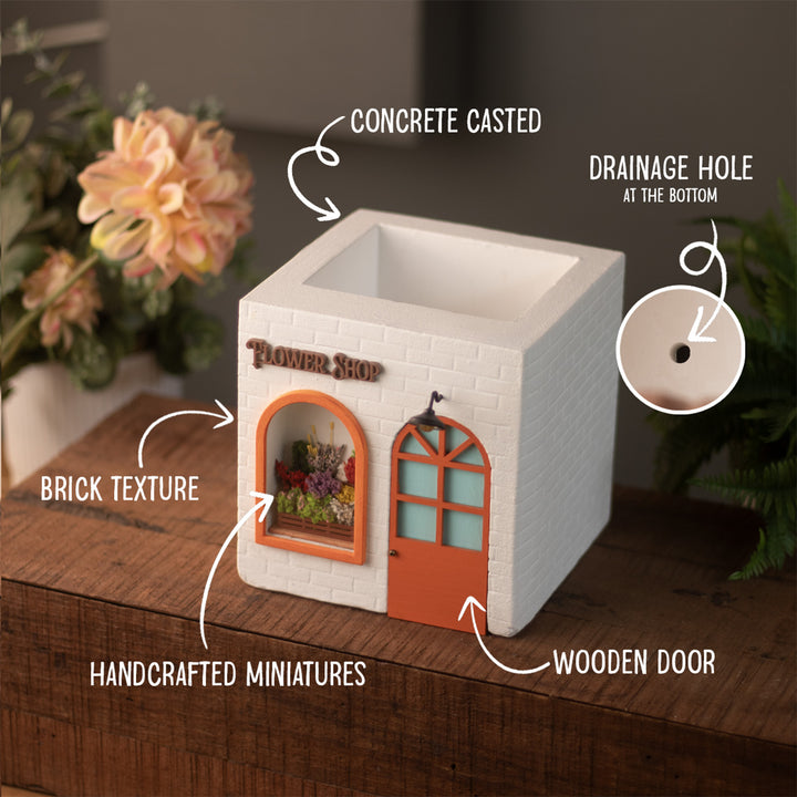 Handmade Personalized Flower Shop Themed White & Orange Concrete Planter With Drainage Hole For Home Decor