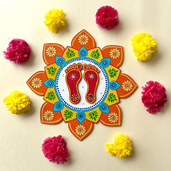 Hand-Painted Mirror Work Lotus Feet Mdf Rangoli For Festive Decor