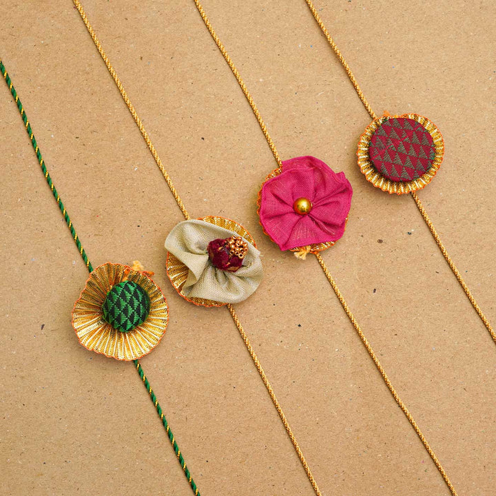 Handmade Floral Upcycled Fabric Rakhi With Chocolates & Roli Chawal