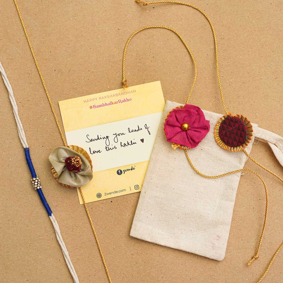 Handmade Floral Upcycled Fabric Rakhi With Chocolates & Roli Chawal