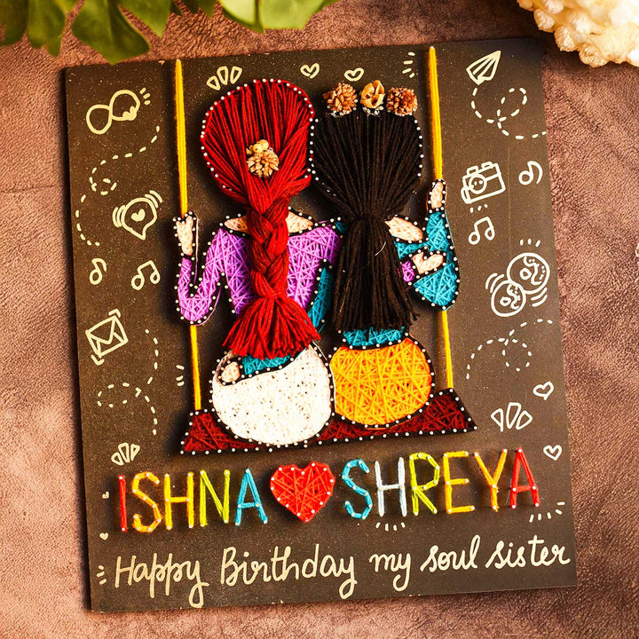 Personalized String Art Friends On Swing Mdf Wood Name Plate - Top-Down View of Personalized Artwork