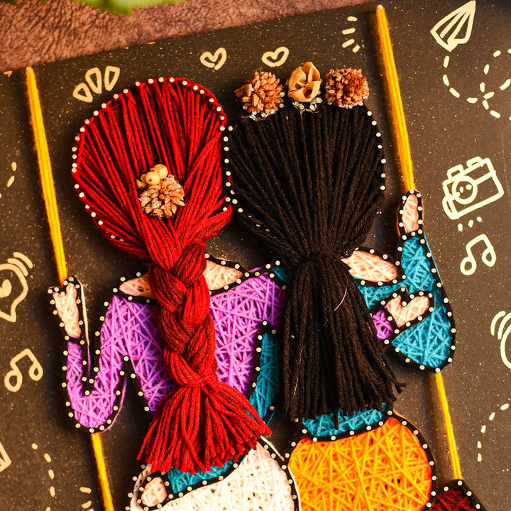 Personalized String Art Friends On Swing Mdf Wood Name Plate - Top View Showing Yarn Detail
