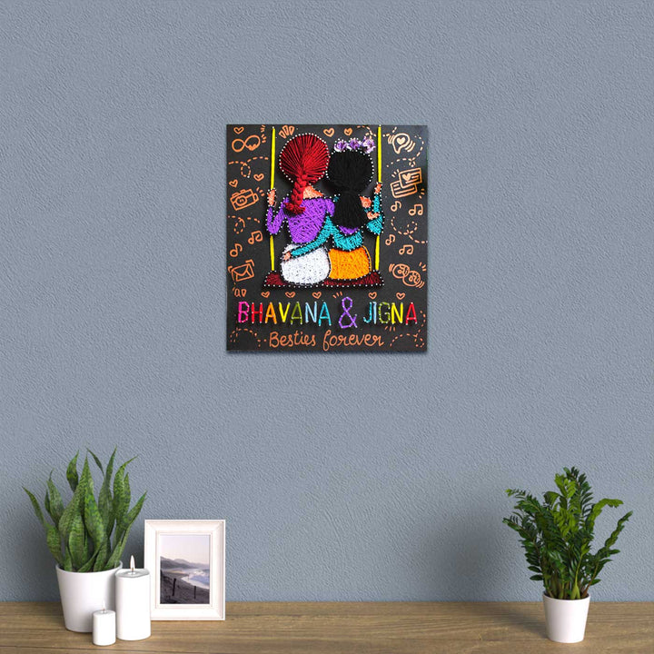 Personalized String Art Friends On Swing Mdf Wood Name Plate - Mounted on Wall Above Tabletop