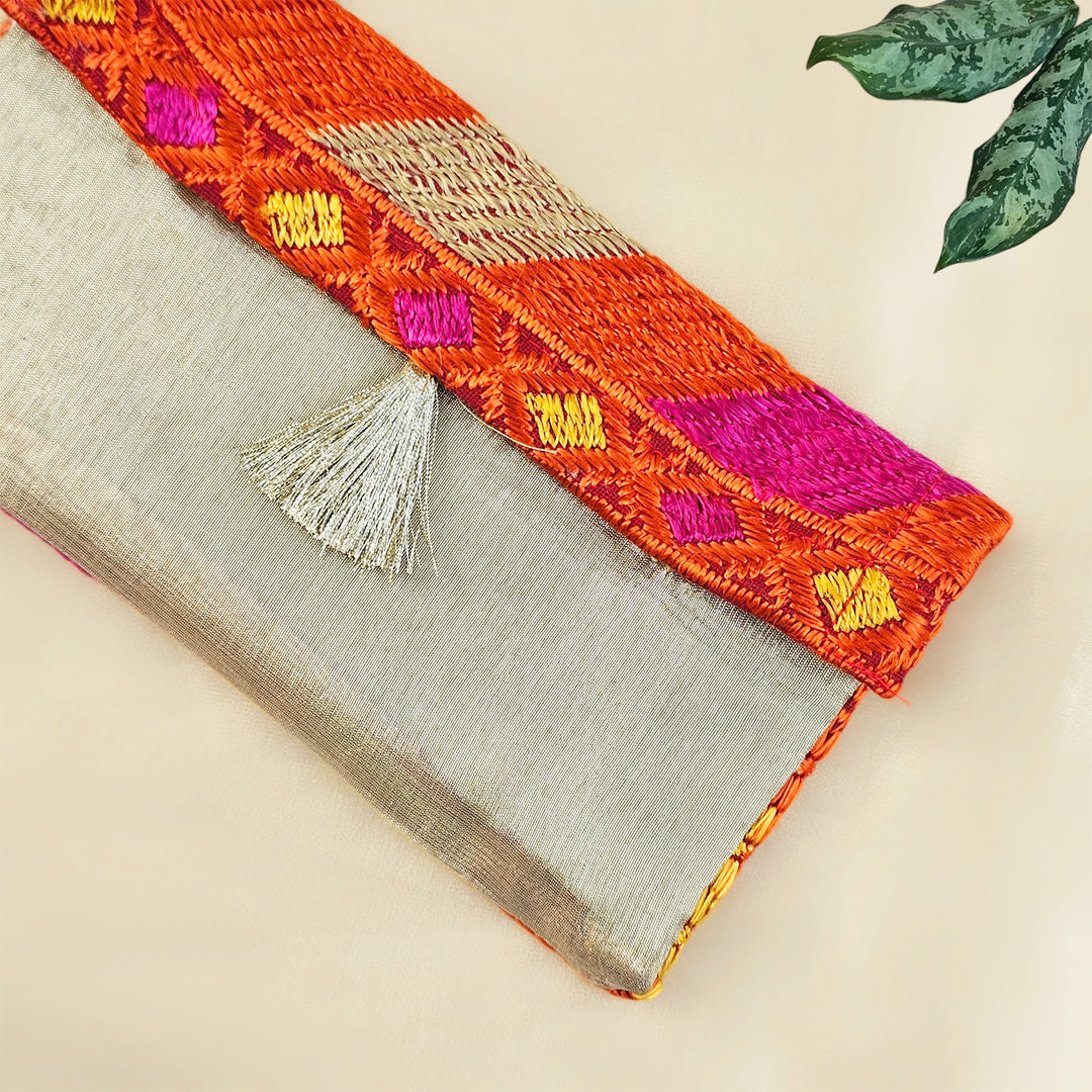 "Phulkari" Hand Embroidered Fabric Gift Envelope With Tissue Lining And Button Closure For Festive Gifting