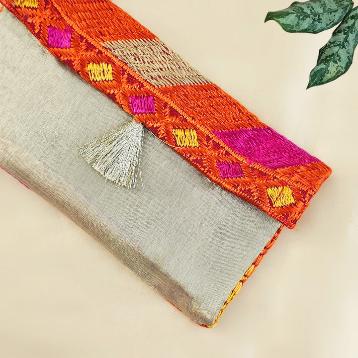 "Phulkari" Hand Embroidered Fabric Gift Envelope With Tissue Lining And Button Closure For Festive Gifting