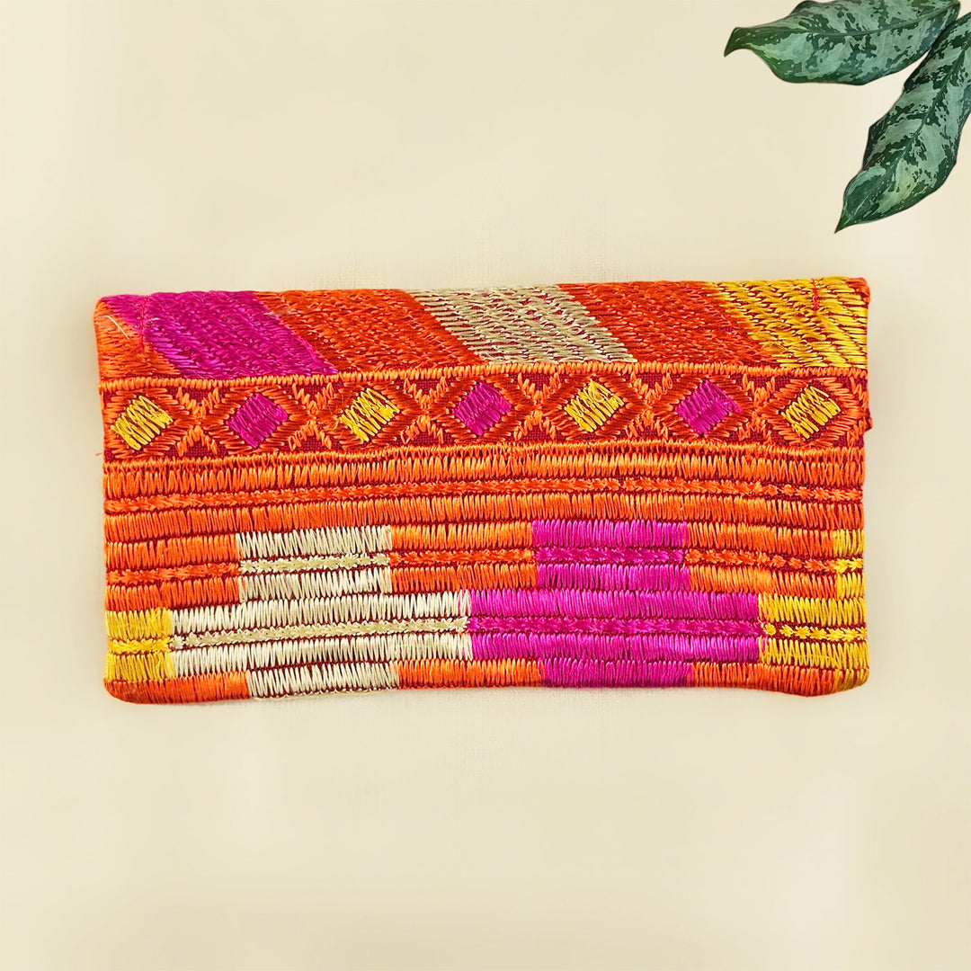 "Phulkari" Hand Embroidered Fabric Gift Envelope With Tissue Lining And Button Closure For Festive Gifting
