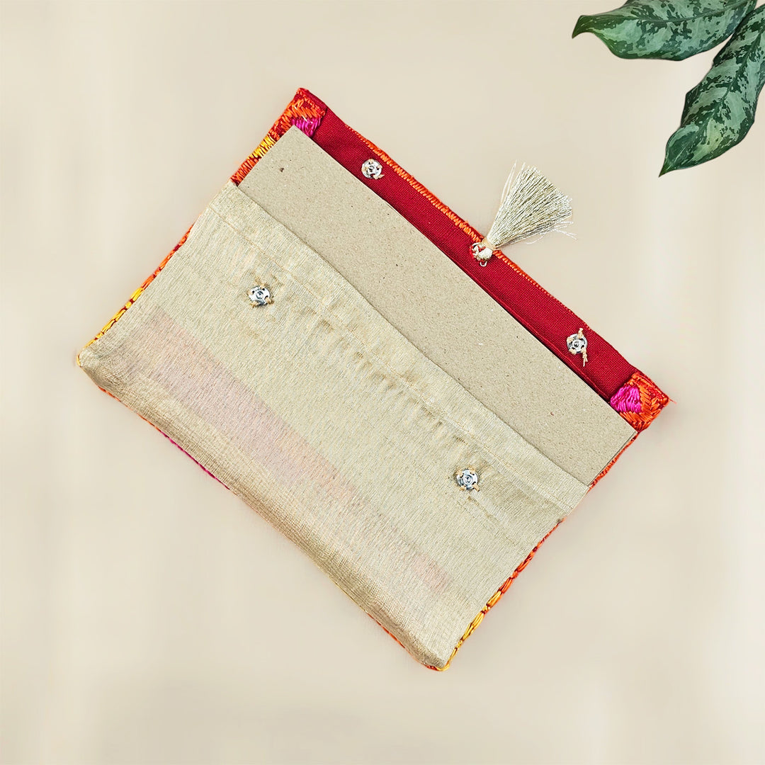 "Phulkari" Hand Embroidered Fabric Gift Envelope With Tissue Lining And Button Closure For Festive Gifting