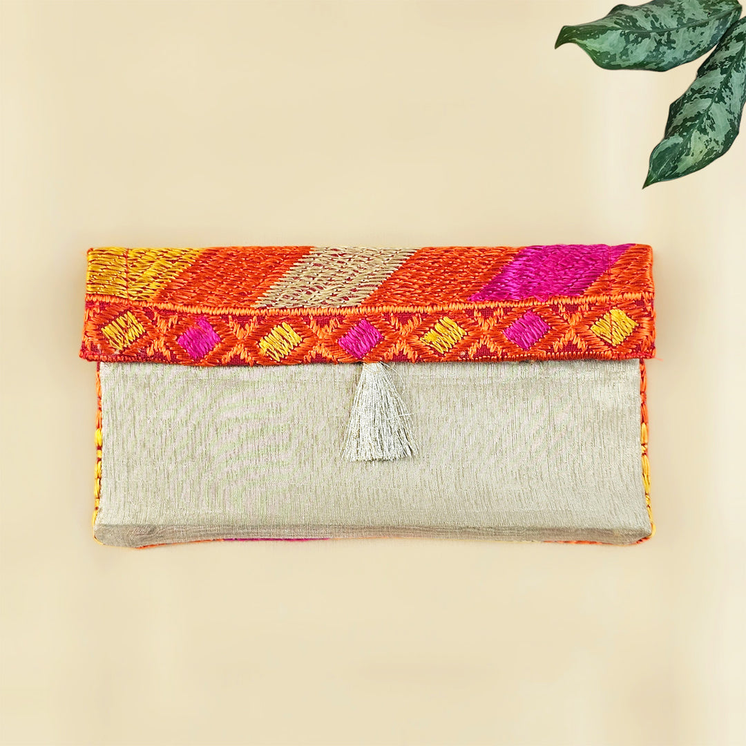 "Phulkari" Hand Embroidered Fabric Gift Envelope With Tissue Lining And Button Closure For Festive Gifting