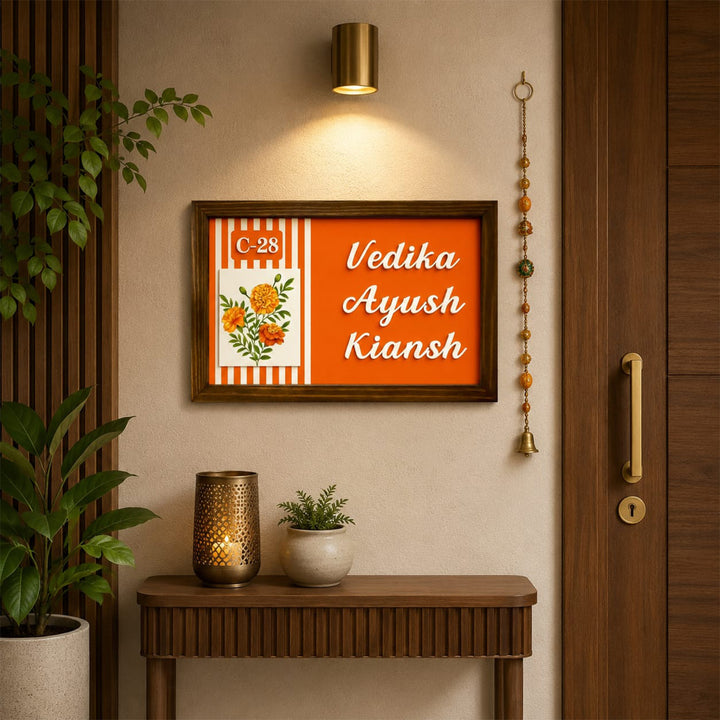 Personalized Genda Phool Printed Wooden & Acrylic Name Plate with 3D Letters