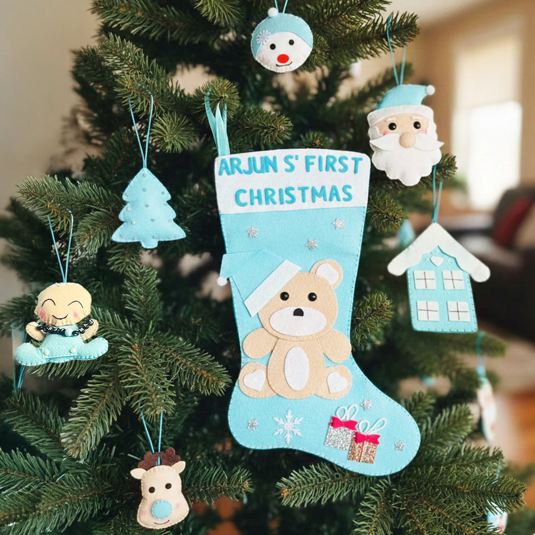 Personalized My First Christmas Felt Hamper | Includes 1 Stocking, 6 Ornaments