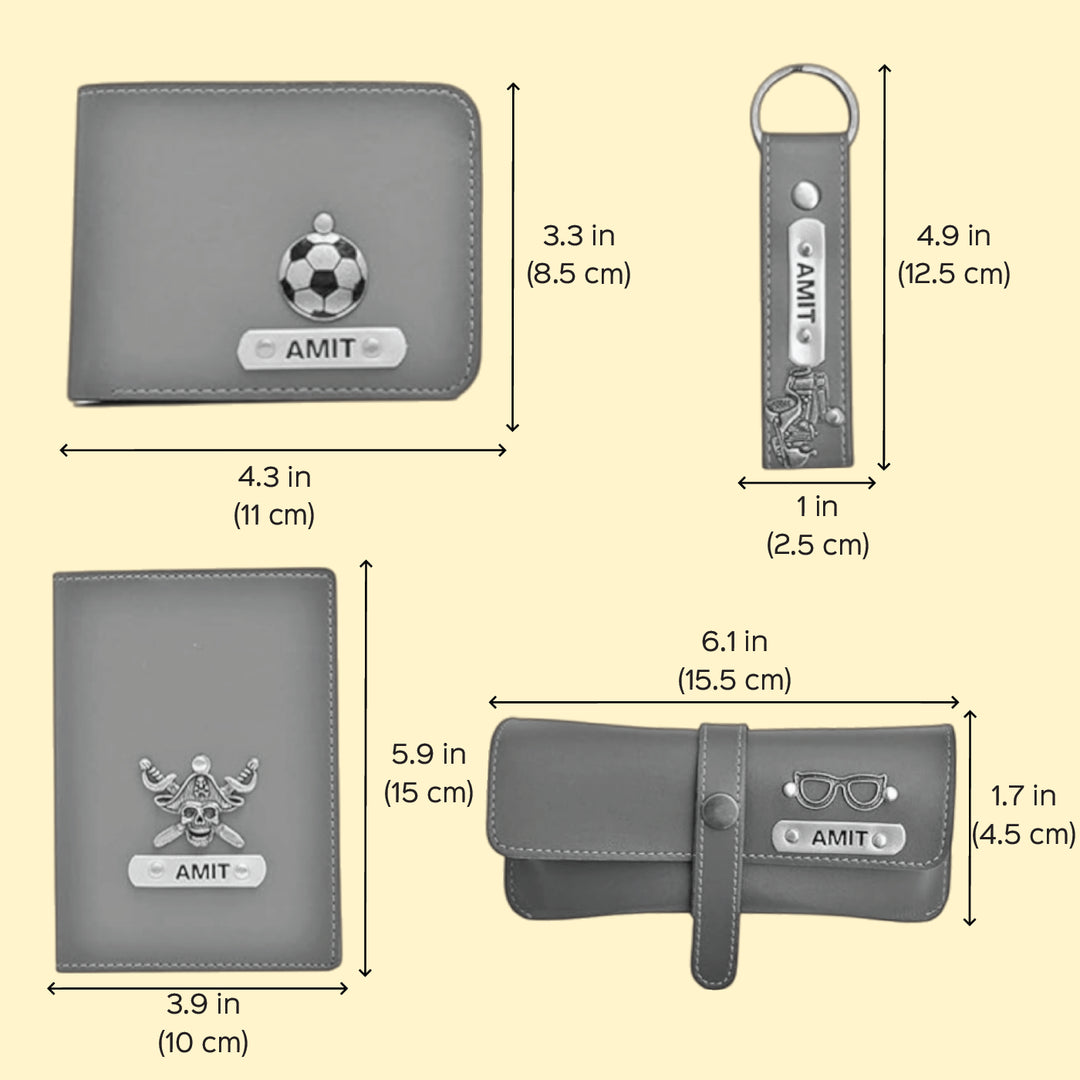 4 Pc | Personalized Faux Leather Gift Set For Men | Includes 1 Wallet, 1 Keychain, 1 Passport Cover, 1 Eyeware Case