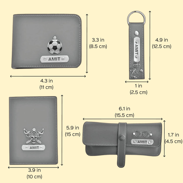 4 Pc | Personalized Faux Leather Gift Set For Men | Includes 1 Wallet, 1 Keychain, 1 Passport Cover, 1 Eyeware Case