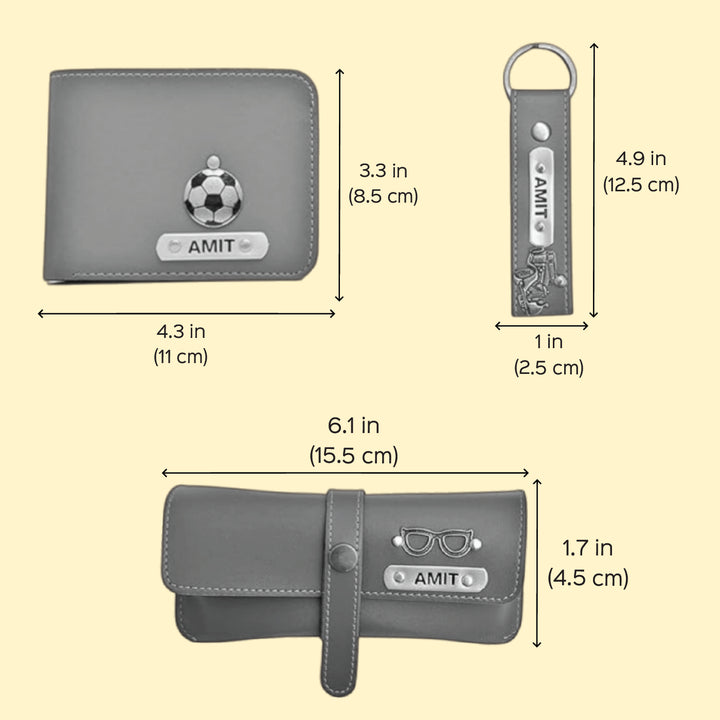 3 Pc | Personalized Faux Leather Gift Set For Men | Includes 1 Wallet, 1 Keychain, 1 Eyeware Case