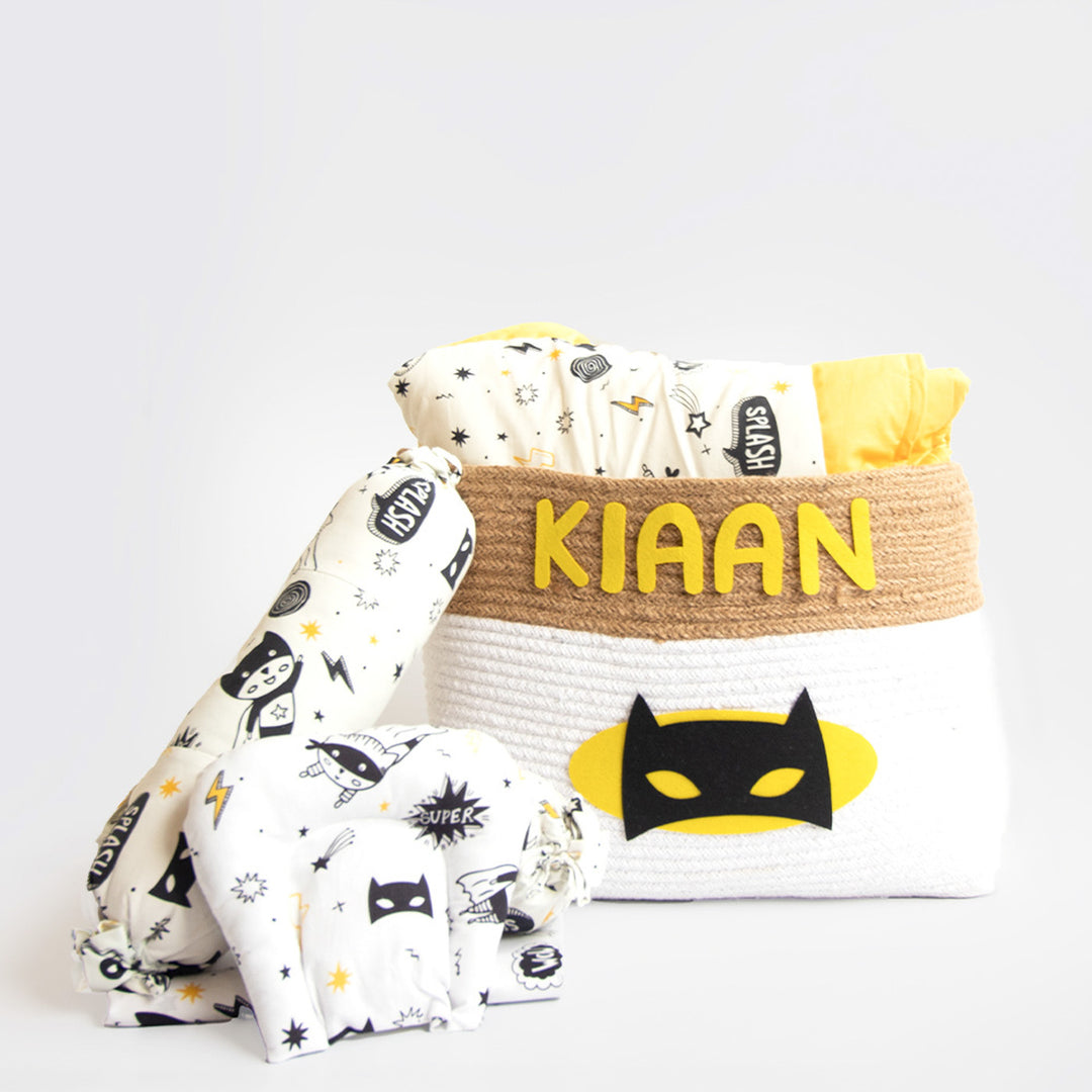 6 Pc | Personalized Organic Cotton Superhero Bedding Gift Basket Set | 0-4 Years
