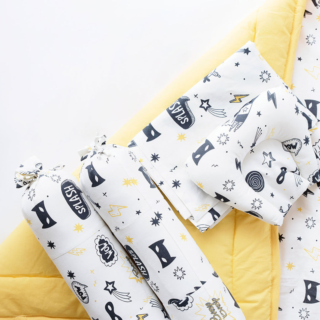 6 Pc | Personalized Organic Cotton Superhero Bedding Gift Basket Set | 0-4 Years