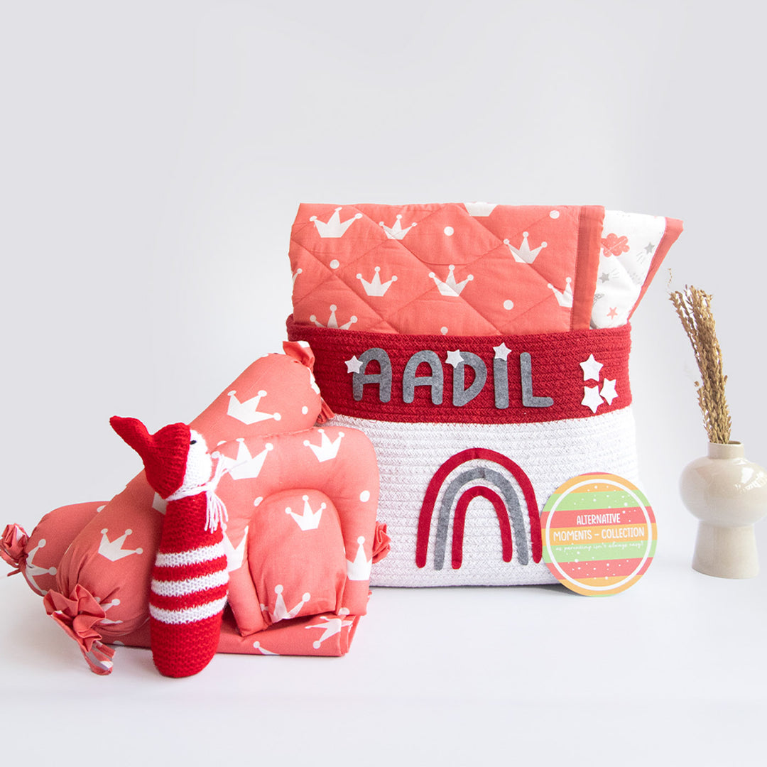8 Pc | Personalized Crowns Infant Bedding Gift Basket | 0-4 Years