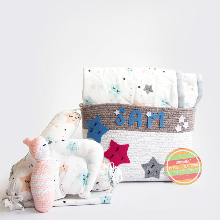 8 Pc | Personalized Stars Baby Bedding Gift Basket | 0-4 Years