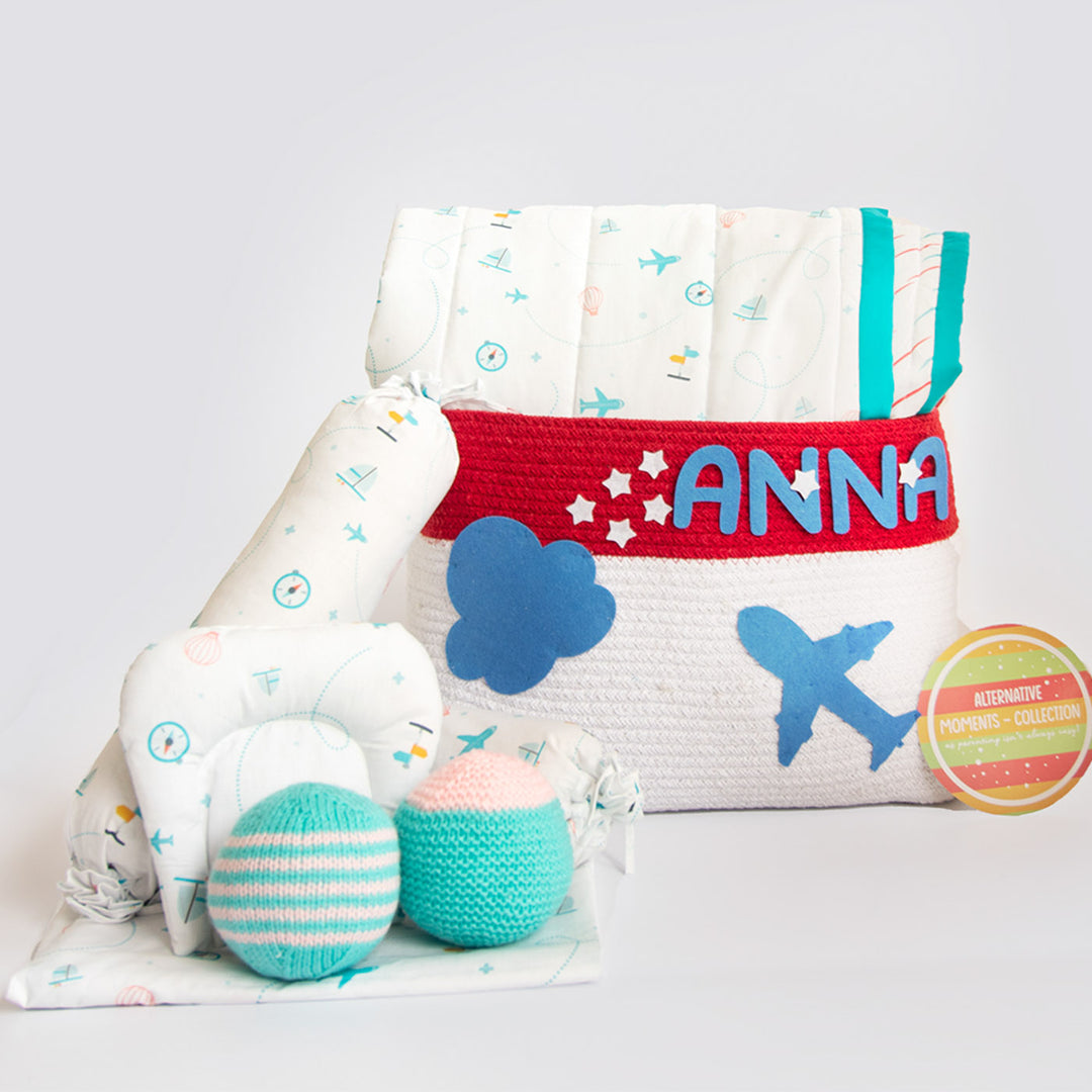 8 Pc | Personalized Lil Travellers Baby Bedding Gift Basket | 0-4 Years