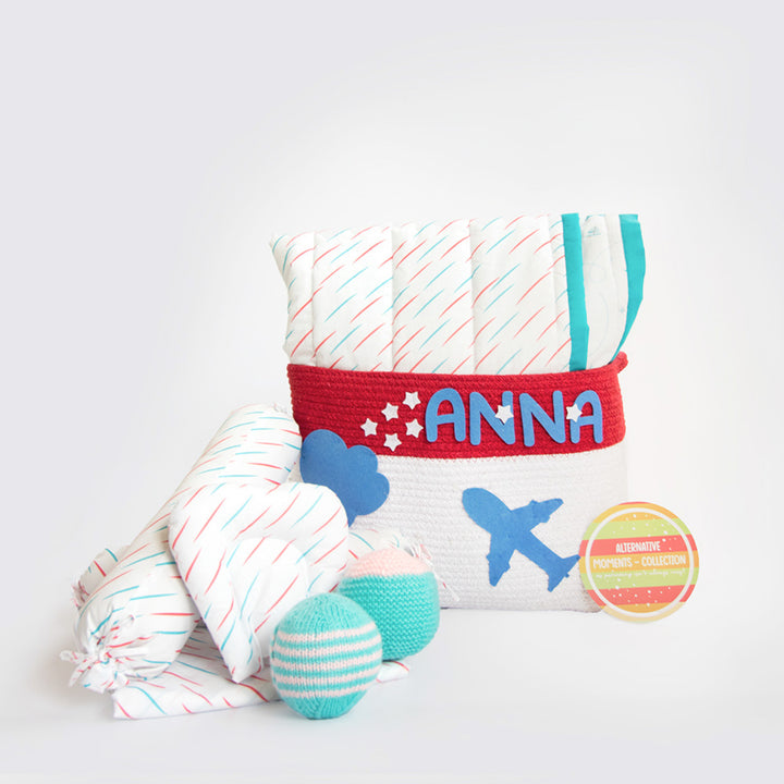 8 Pc | Personalized Doodle Rain Baby Bedding Gift Basket | 0-4 Years