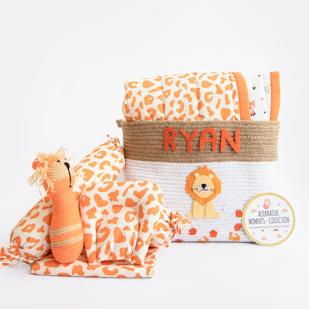 8 Pc | Personalized Jungle Theme Baby Bedding Gift Basket | 0-4 Years