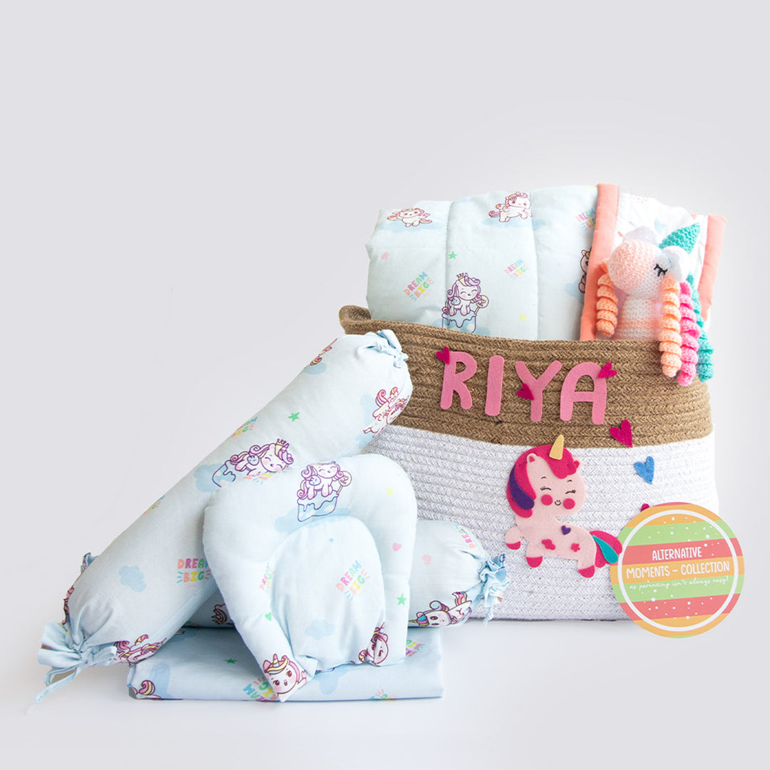 8 Pc | Personalized Unicorn Baby Bedding Gift Basket | 0-4 Years