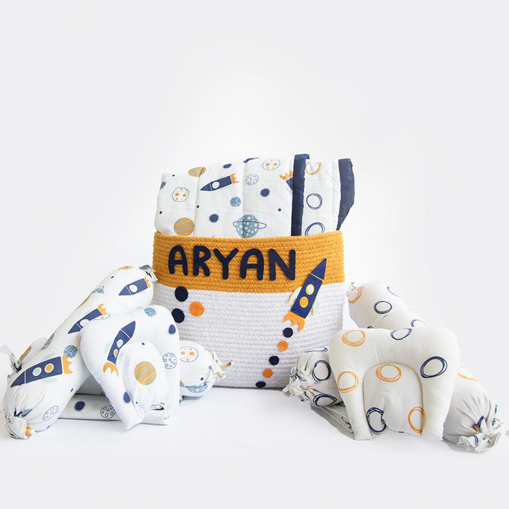 10 Pc | Personalized Space & Doodle Circles Baby Gift Basket | 0-4 Years