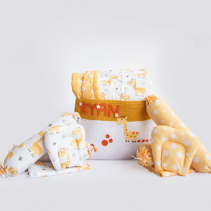 10 Pc | Personalized Baby Giraffe & Cute Polka Baby Gift Basket | 0-4 Years