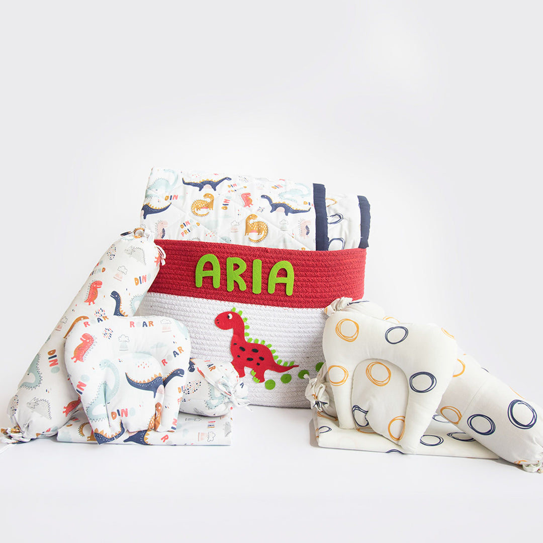 10 Pc | Personalized Dino & Doodle Circles Baby Gift Basket | 0-4 Years