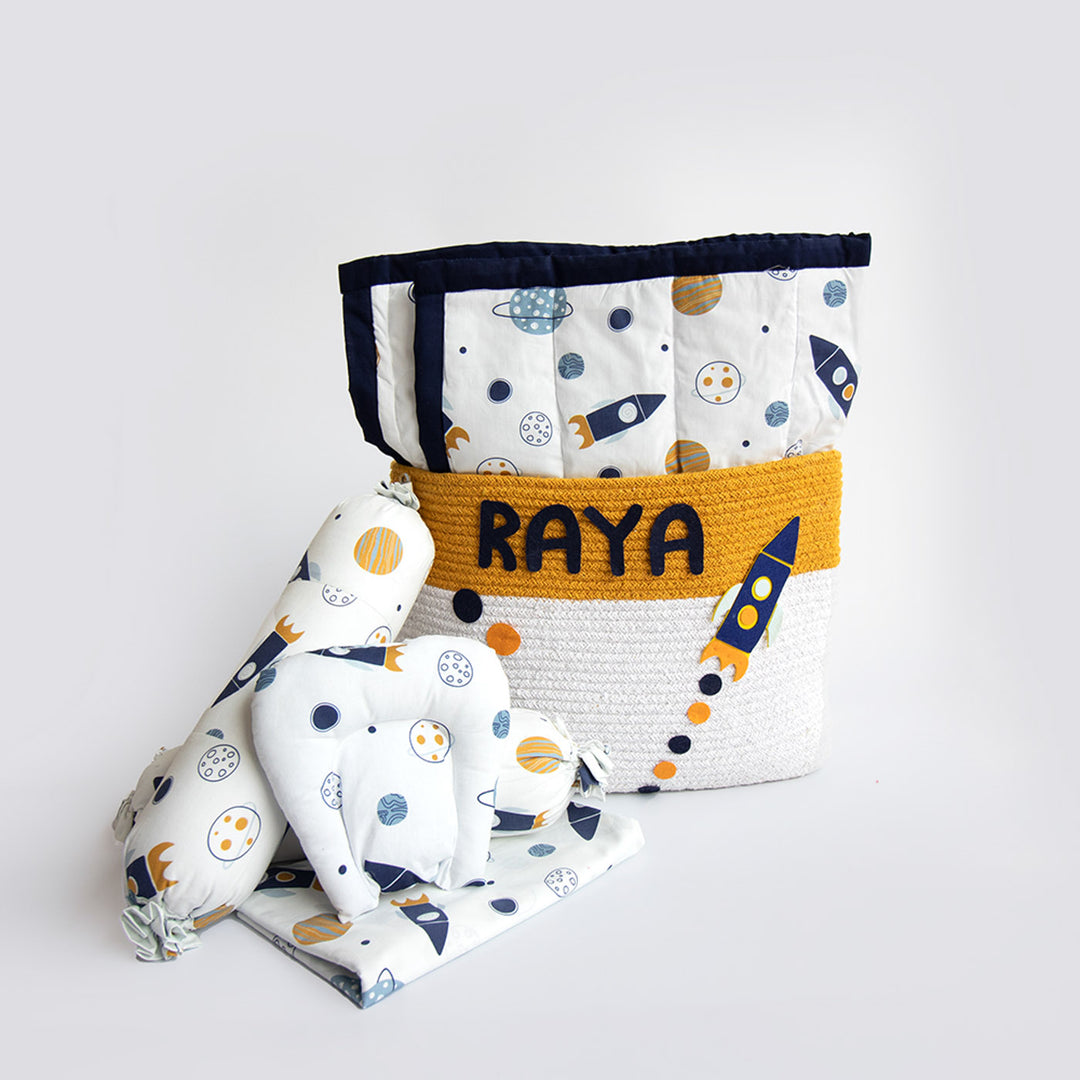 6 Pc | Personalized Space Theme Infant Bedding Gift Basket Set | 0-4 Years