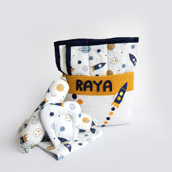 6 Pc | Personalized Space Theme Infant Bedding Gift Basket Set | 0-4 Years