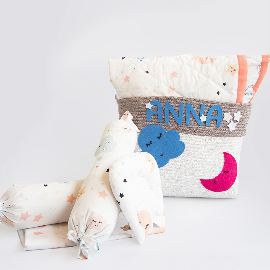 6 Pc | Personalized Sky Theme Infant Bedding Gift Basket Set | 0-4 Years