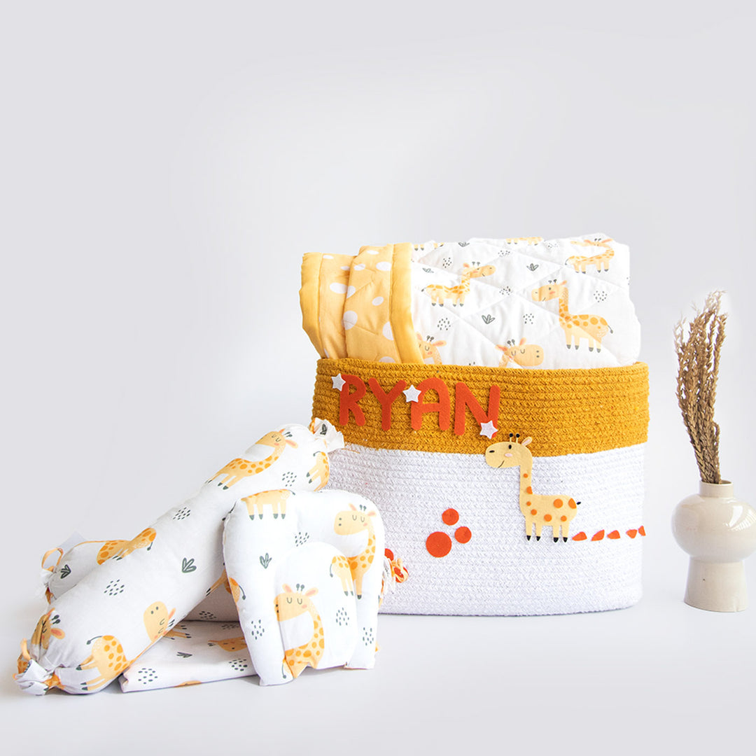 6 Pc | Personalized Baby Giraffe Infant Bedding Gift Basket Set | 0-4 Years