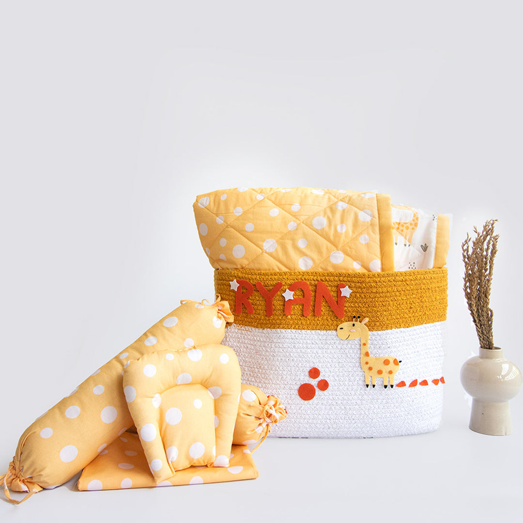 6 Pc | Personalized Polka Dot Theme Infant Bedding Gift Basket Set | 0-4 Years