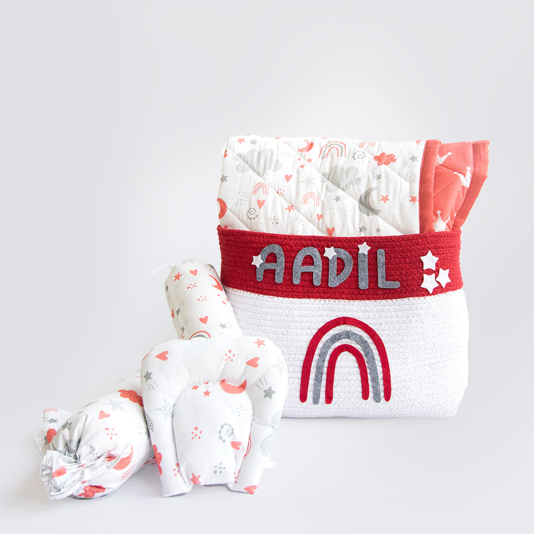 6 Pc | Personalized Rainbow Theme Infant Bedding Gift Basket Set | 0-4 Years