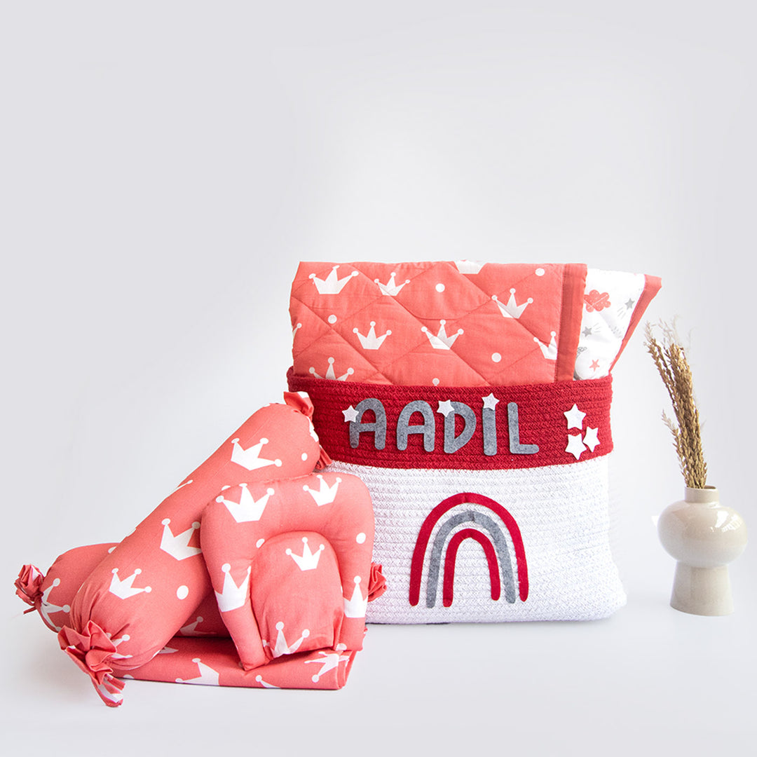 6 Pc | Personalized Crown Theme Infant Bedding Gift Basket Set | 0-4 Years