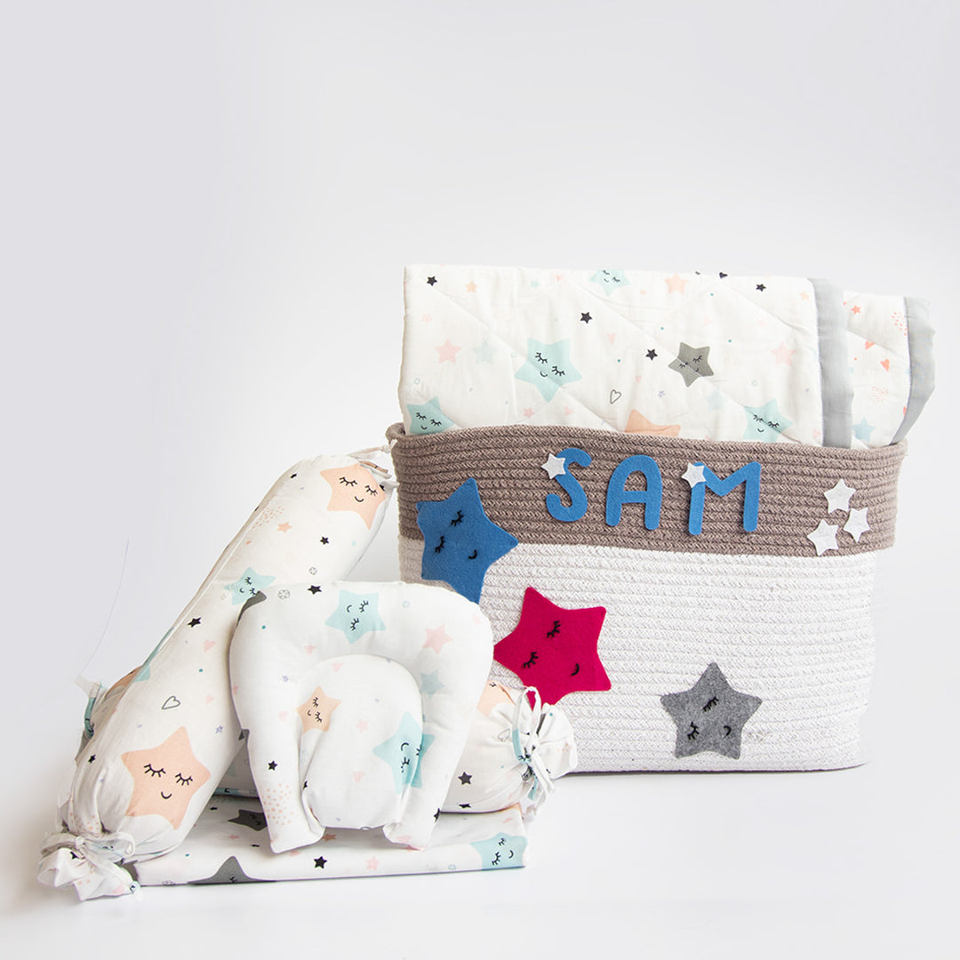 6 Pc | Personalized Star Theme Infant Bedding Gift Basket Set | 0-4 Years