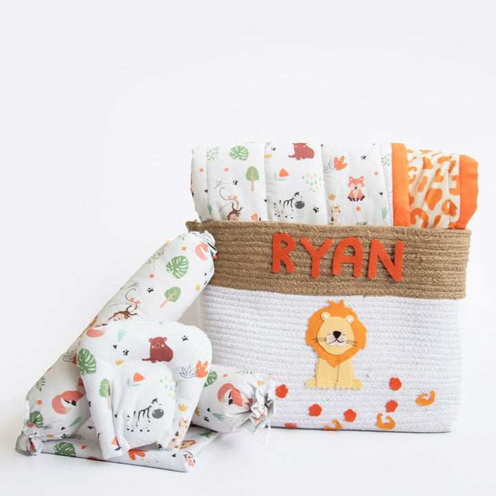 6 Pc | Personalized Animal Theme Infant Bedding Gift Basket Set | 0-4 Years