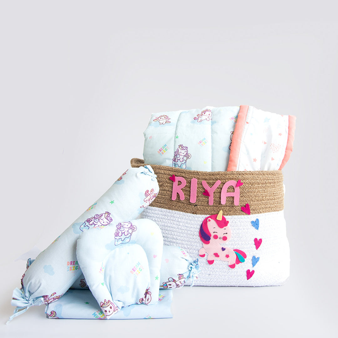 6 Pc | Personalized Unicorn Infant Bedding Gift Basket Set | 0-4 Years