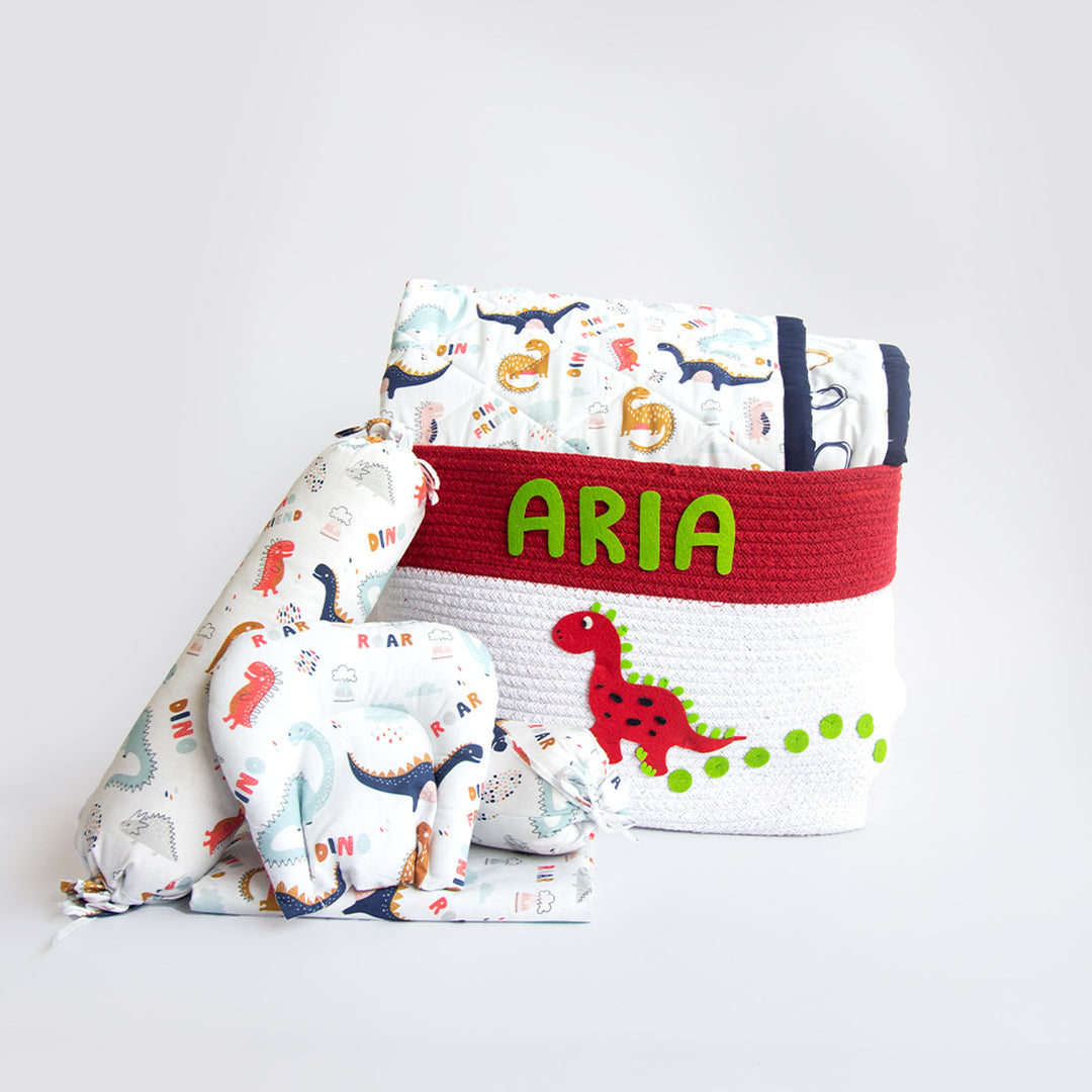 6 Pc | Personalized Dinosaur Infant Bedding Gift Basket Set | 0-4 Years