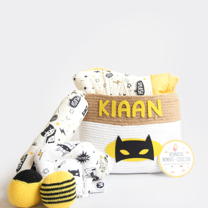 8 Pc | Personalized Superbaby Collective Bedding Gift Basket | 0-4 Years