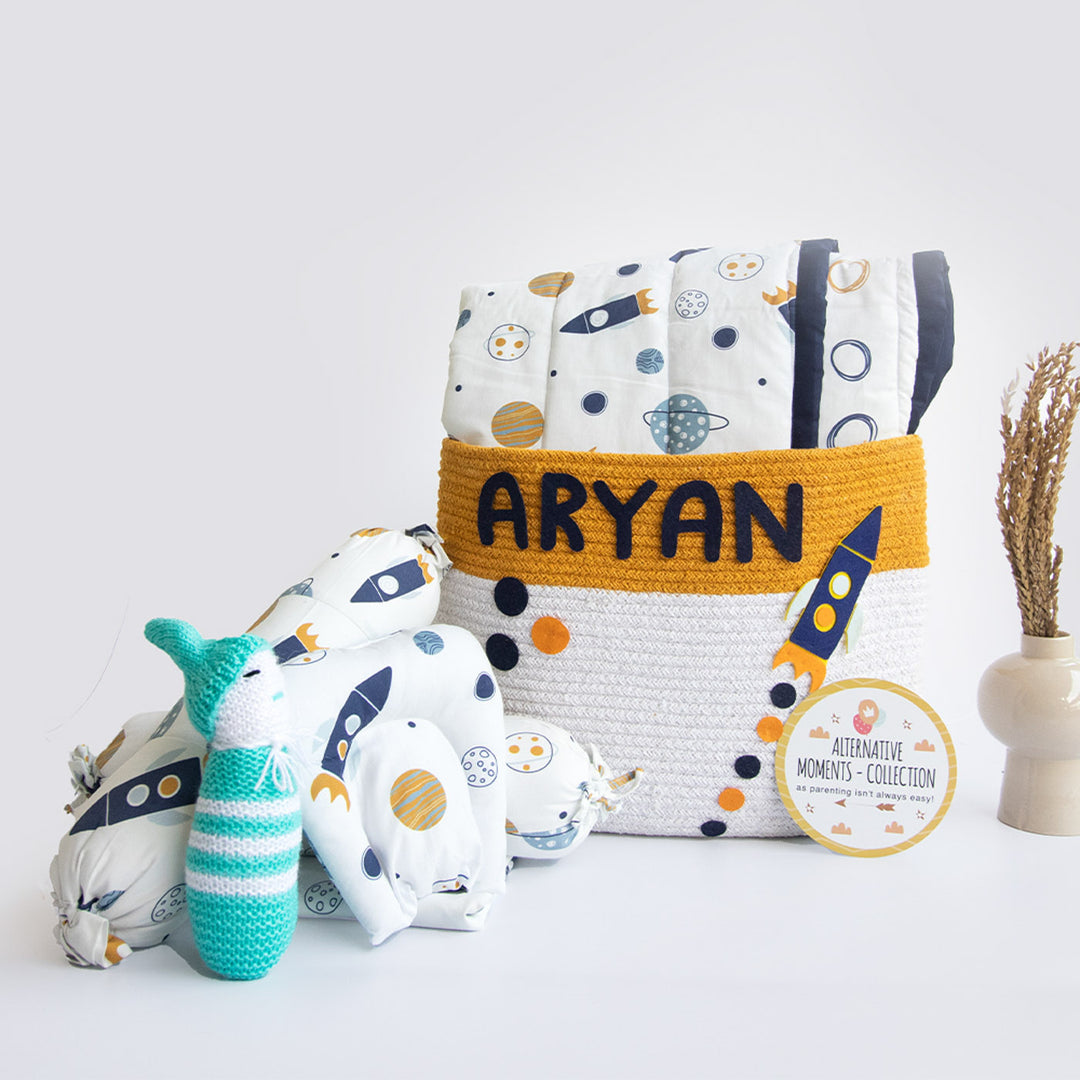 8 Pc | Personalized Child Of The Universe Bedding Gift Basket | 0-4 Years