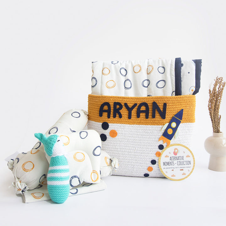 8 Pc | Personalized Doodle Circles Bedding Gift Basket | 0-4 Years