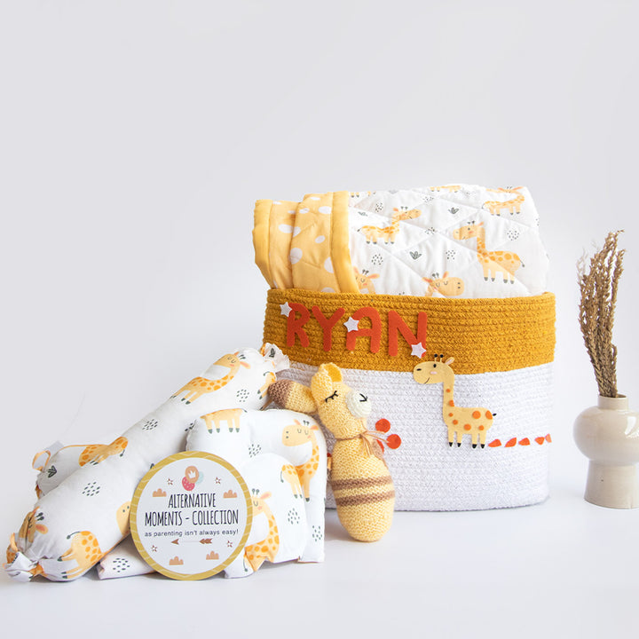 8 Pc | Personalized Baby Giraffe Infant Bedding Gift Basket | 0-4 Years