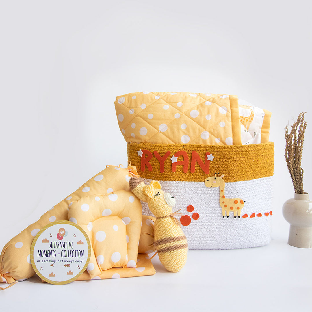 8 Pc | Personalized Cute Polka Bedding Gift Basket | 0-4 Years