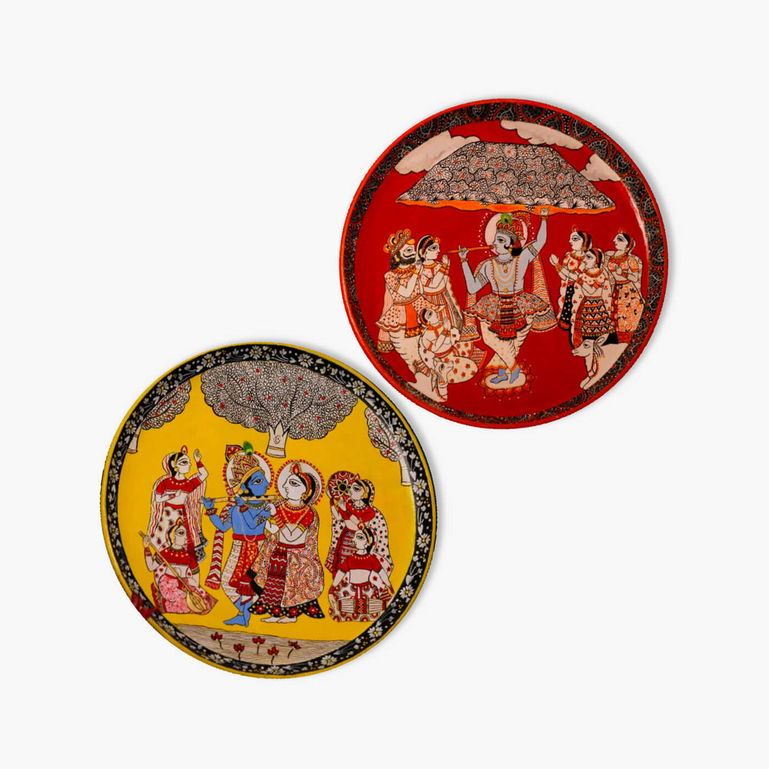 Handpainted Wooden Wall Plate With Krishna Artwork - Set Of 2